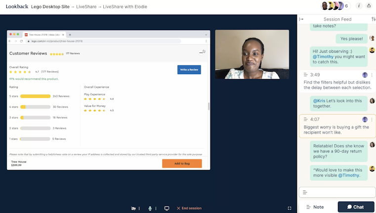 A live moderated research session on the Lookback platform. The screen shows a Lego website’s customer review page being navigated by a participant, whose webcam feed is visible. On the right, a "Session Feed" displays a real-time chat between researchers documenting observations like "Biggest worry is buying a gift the recipient won't like."