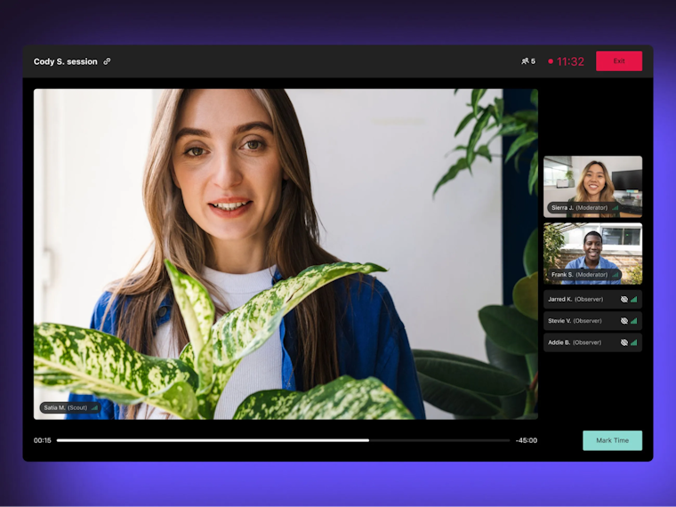 screenshot of a live research session on the dscout platform, titled "Cody S. session." The main video feed shows a participant named Satia M. holding a large leaf. On the right sidebar, two moderators, Sierra J. and Frank S., are visible via webcam, while three other participants (Jarred K., Stevie V., and Addie B.) are listed as observers with their cameras and microphones turned off. A "Mark Time" button is highlighted in the bottom right corner.