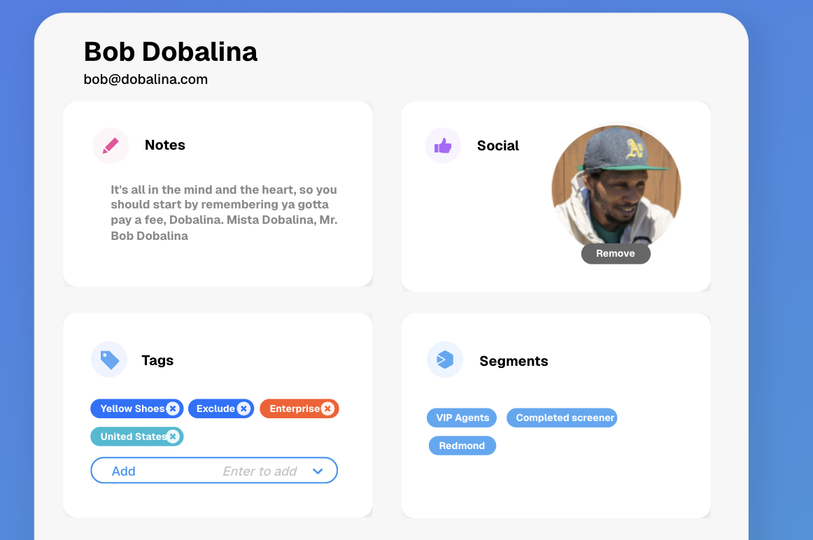 A participant profile interface for Bob Dobalina within the Ethnio research tool. The page features four main sections: a Notes area containing personal observations about the participant