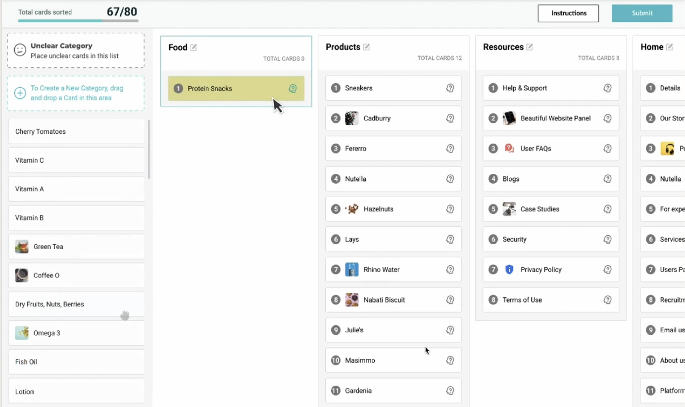 Screenshot of the UXArmy card sorting interface showing participants dragging and organizing cards into categories such as Food, Products, Resources, and Home, with progress tracking and a list of uncategorized items on the left.