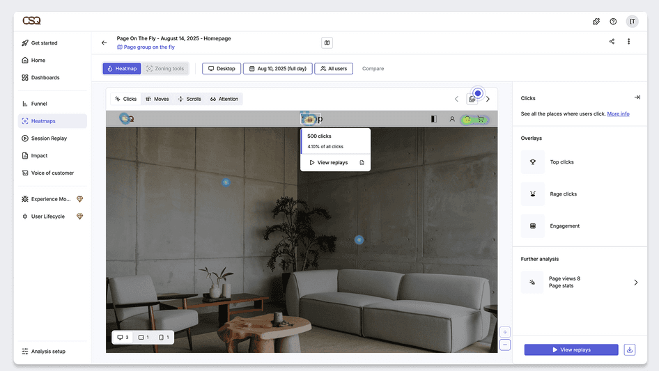 Screenshot of the Hotjar heatmap dashboard showing click data overlaid on a homepage design, with engagement hotspots, click counts, and filtering options for device, date range, and user segments