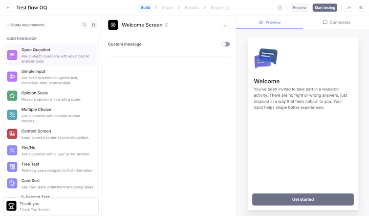 Maze study builder interface showing a welcome screen setup, question block options on the left, and a mobile preview with a “Get started” button.