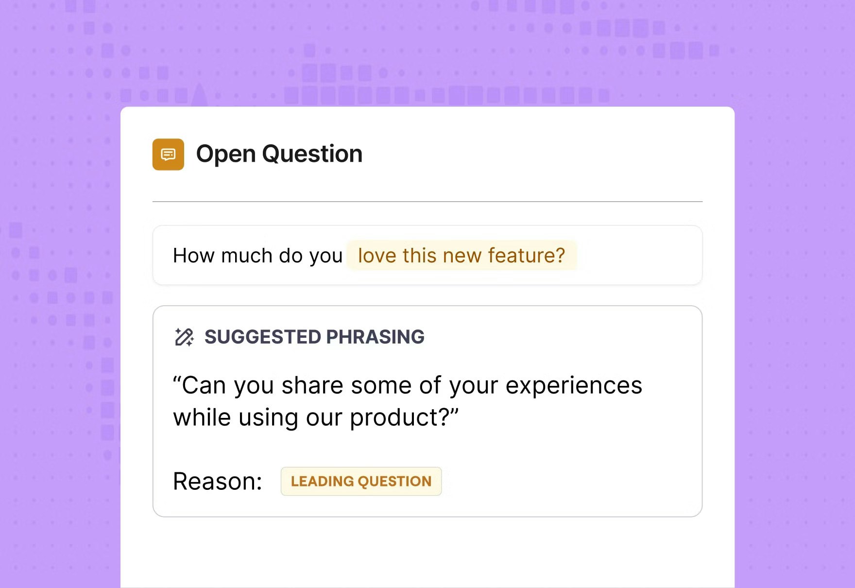 Maze AI tool identifying a leading question and suggesting a neutral alternative to improve research quality.