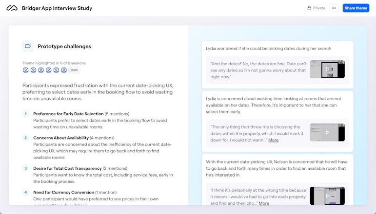 Maze interviews report highlighting a theme, subthemes, and participant quotes with video clips.