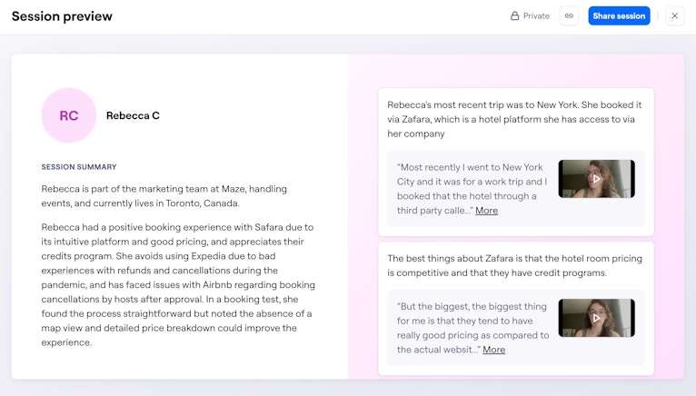 A Maze session preview for participant Rebecca C, displaying a written interview summary alongside video highlight clips and their corresponding transcripts.