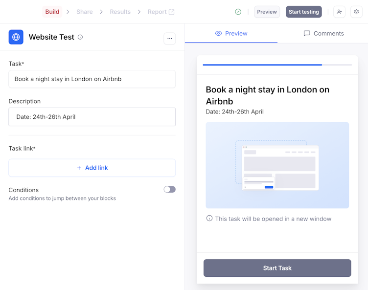 An interface depicting Maze's live website, usability test