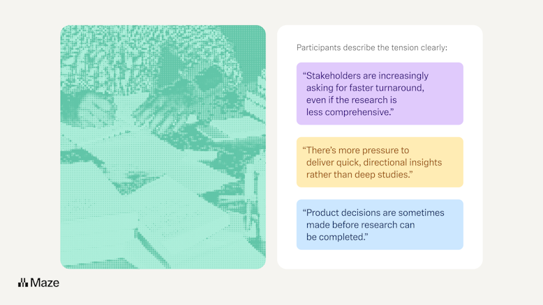 Alt text: “Graphic showing a green halftone photo of someone working at a desk alongside three colored quote boxes describing stakeholder pressure for faster, less comprehensive research and product decisions made before research is finished