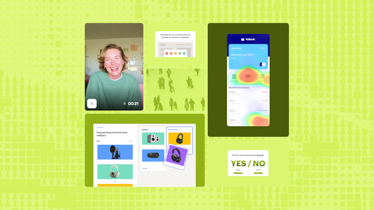 Collage-style overview of Maze with a blurred-face video recording on the left, survey and feedback cards in the center, a mobile banking app screen with colorful heatmaps on the right, and a card-sorting interface and yes/no engagement poll along the bottom, all set on a patterned neon green background