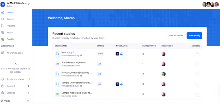 Maze dashboard interface showing a navigation sidebar and a table displaying "Recent studies," including columns for study name, status, integration, participants, created by, and actions.
