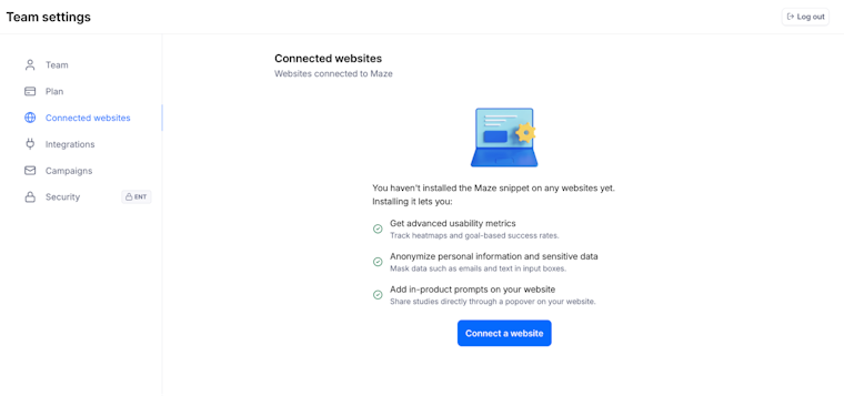 Maze Team settings screen focused on the Connected websites tab, explaining that the Maze snippet is not yet installed and listing benefits such as advanced usability metrics, anonymizing sensitive data, and adding in-product prompts, with a blue “Connect a website” button.