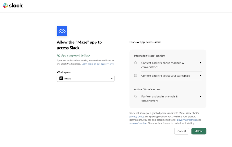 Slack OAuth page asking the user to allow the “Maze” app to access a selected Slack workspace, with a list of information Maze can view and actions it can take, plus Cancel and Allow buttons at the bottom.