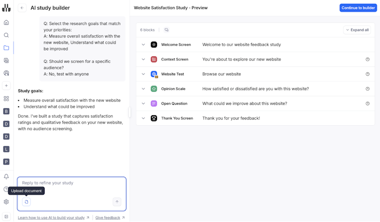Maze AI Study Builder screen displaying a chat summary of research goals on the left and a “Website Satisfaction Study – Preview” on the right, listing blocks for Welcome Screen, Context Screen, Website Test, Opinion Scale, Open Question, and Thank You Screen, with a Continue to builder button at the top.