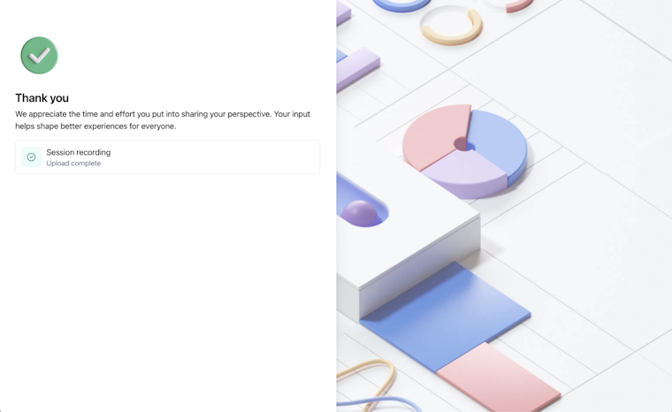 Maze participant view showing a large “thank you” message with supportive text about appreciating the participant’s time, plus a completed “Session recording” status, alongside a colorful abstract illustration on the right, indicating the end of the study