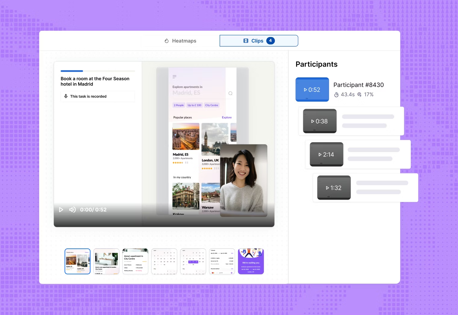 Maze Clips results view showing a recorded usability task with overlaid participant video on the left and a Participants panel on the right listing multiple clip durations for different users, all against a purple background pattern.