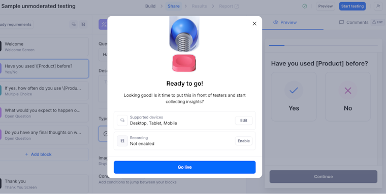 Maze “Ready to go!” dialog overlaying a Sample unmoderated testing study, summarizing supported devices (desktop, tablet, mobile) and recording status, with a prominent blue Go live button to launch the test for participants.