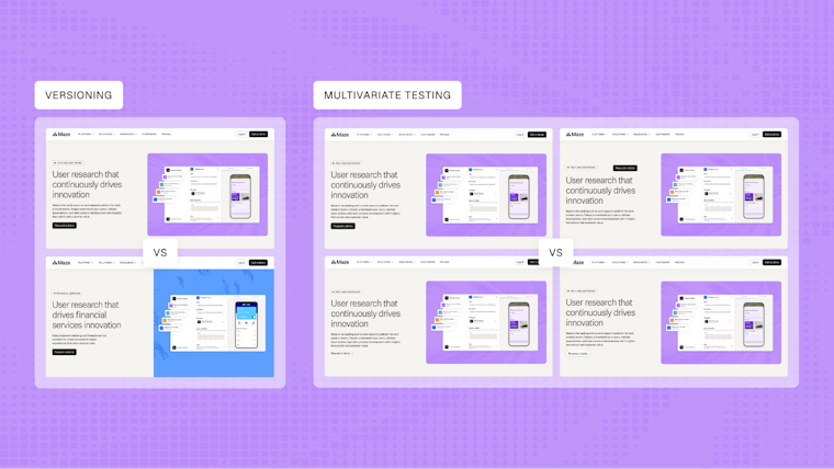 Side‑by‑side Maze interface showing a versioning test of two webpage designs on the left and a multivariate test of four webpage variants on the right, all displayed on a purple background with “versioning” and “multivariate testing” labels