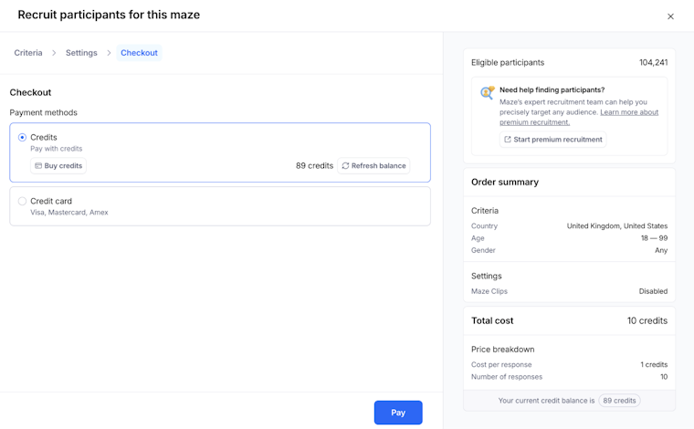 Maze checkout screen for recruiting participants, showing payment methods (credits or credit card) on the left and an order summary on the right with eligible participants, criteria, total cost in credits, and a Pay button.