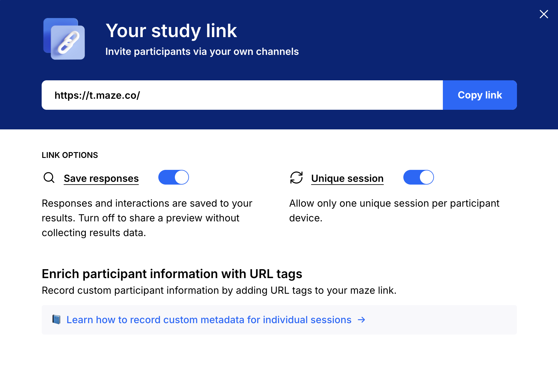 Maze study link panel showing a shareable URL with toggles for saving responses and enforcing unique sessions.