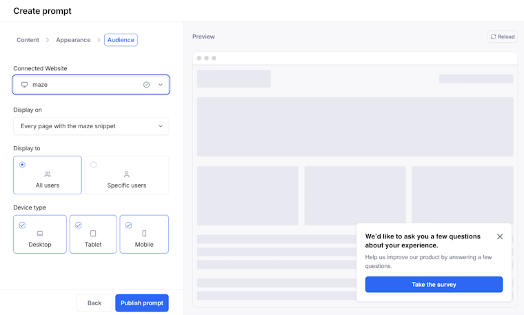 Maze create prompt screen showing audience settings for connected website, page targeting, user segments, and device types alongside a preview of an in-product survey banner.