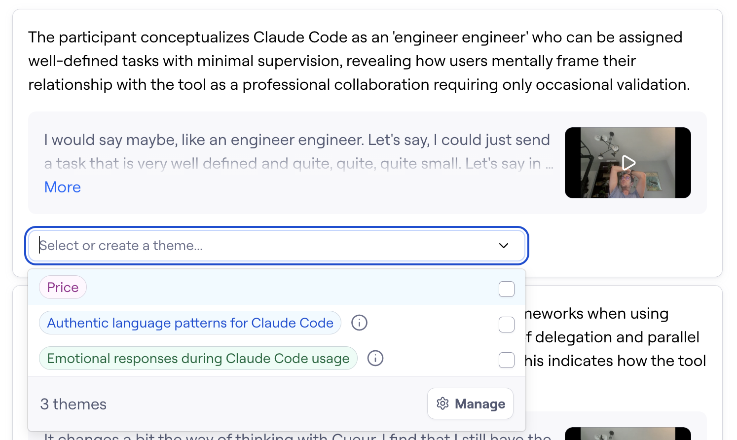 Maze highlight card showing an AI-written insight summary, an embedded interview video snippet, and a dropdown menu to select or create a theme such as “Price” or “Emotional responses during Claude Code usage.”