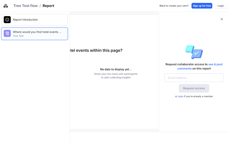 Maze report screen for a “Tree Test flow” study showing a left sidebar with “Report introduction” and a tree test block selected, and a main panel that reads “No data to display yet… Share your live maze with participants to start collecting insights,” alongside a request-access panel for collaborators.