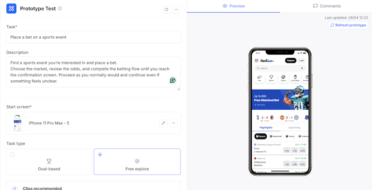 A screenshot of Maze's prototype testing study interface