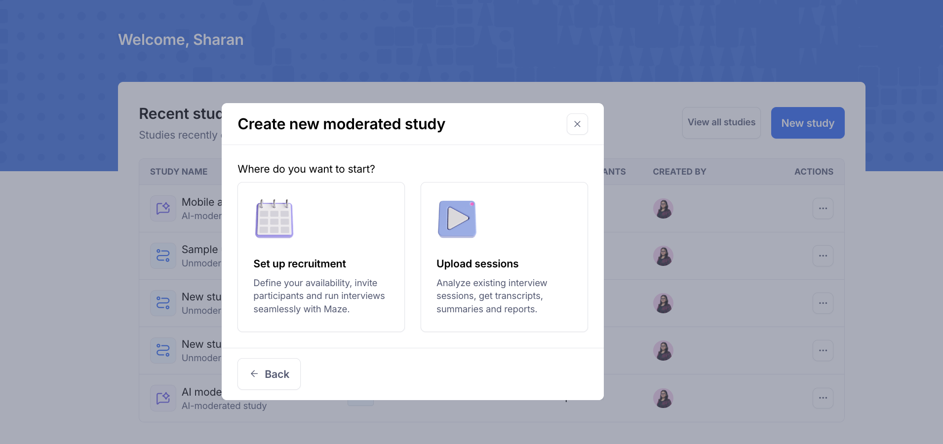 A screenshot of creating a new moderated study in Maze