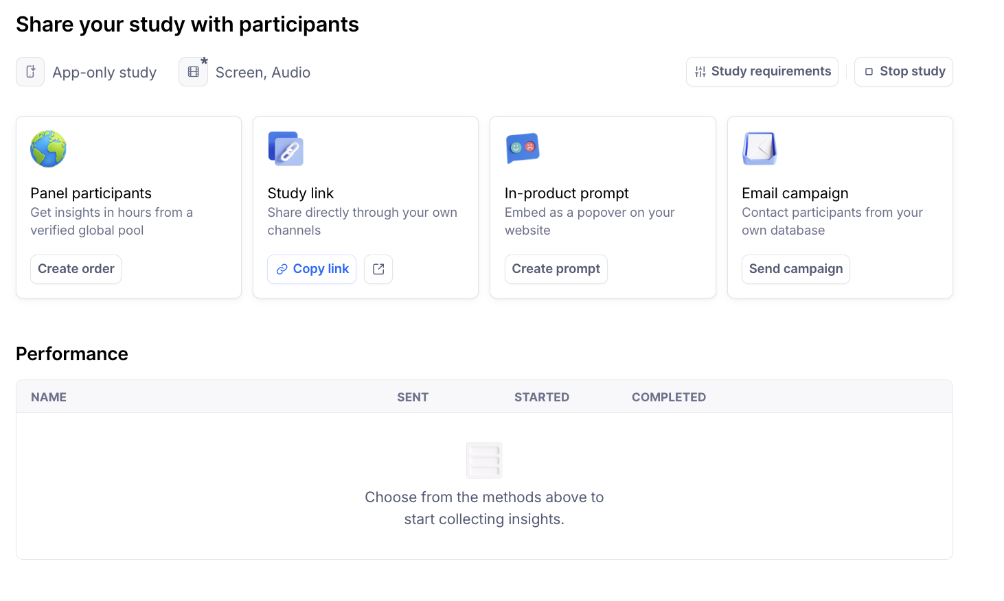 An image of options to share your study in Maze with participants