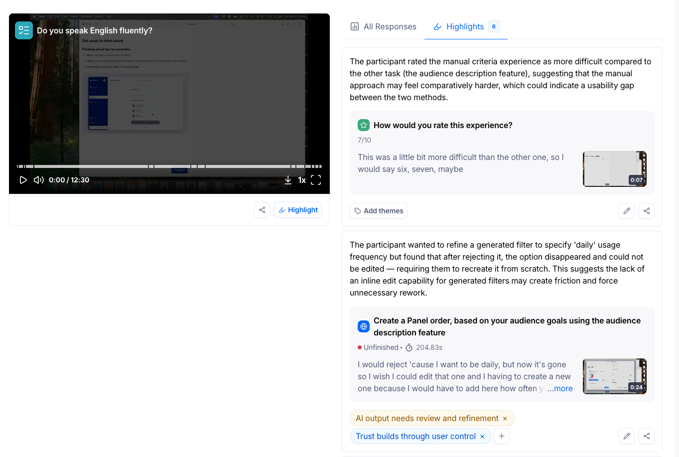 In Maze, you can highlight important moments directly in your transcripts or clips and group those highlights into themes