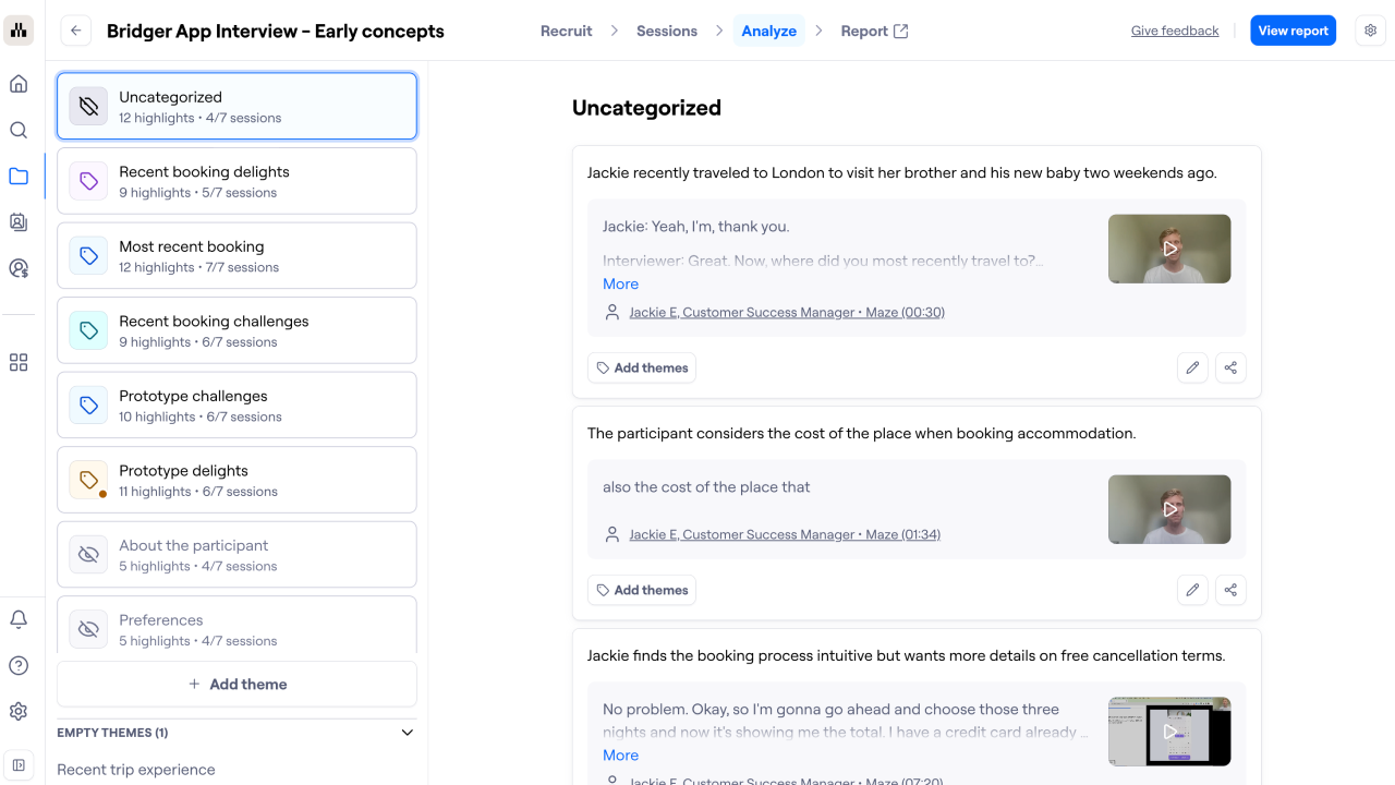 Maze AI identifies themes from your interviews study