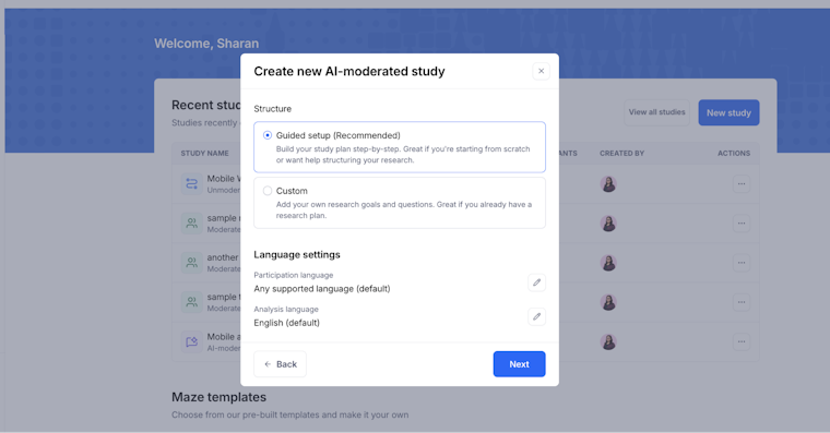 Maze gives 2 options to set up AI-moderated study