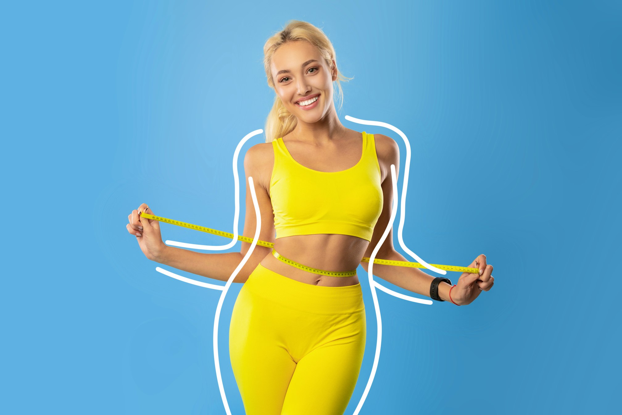 Blonde woman measuring waist, sharing weight loss result, being happy over slimming process, keeping healthy diet
