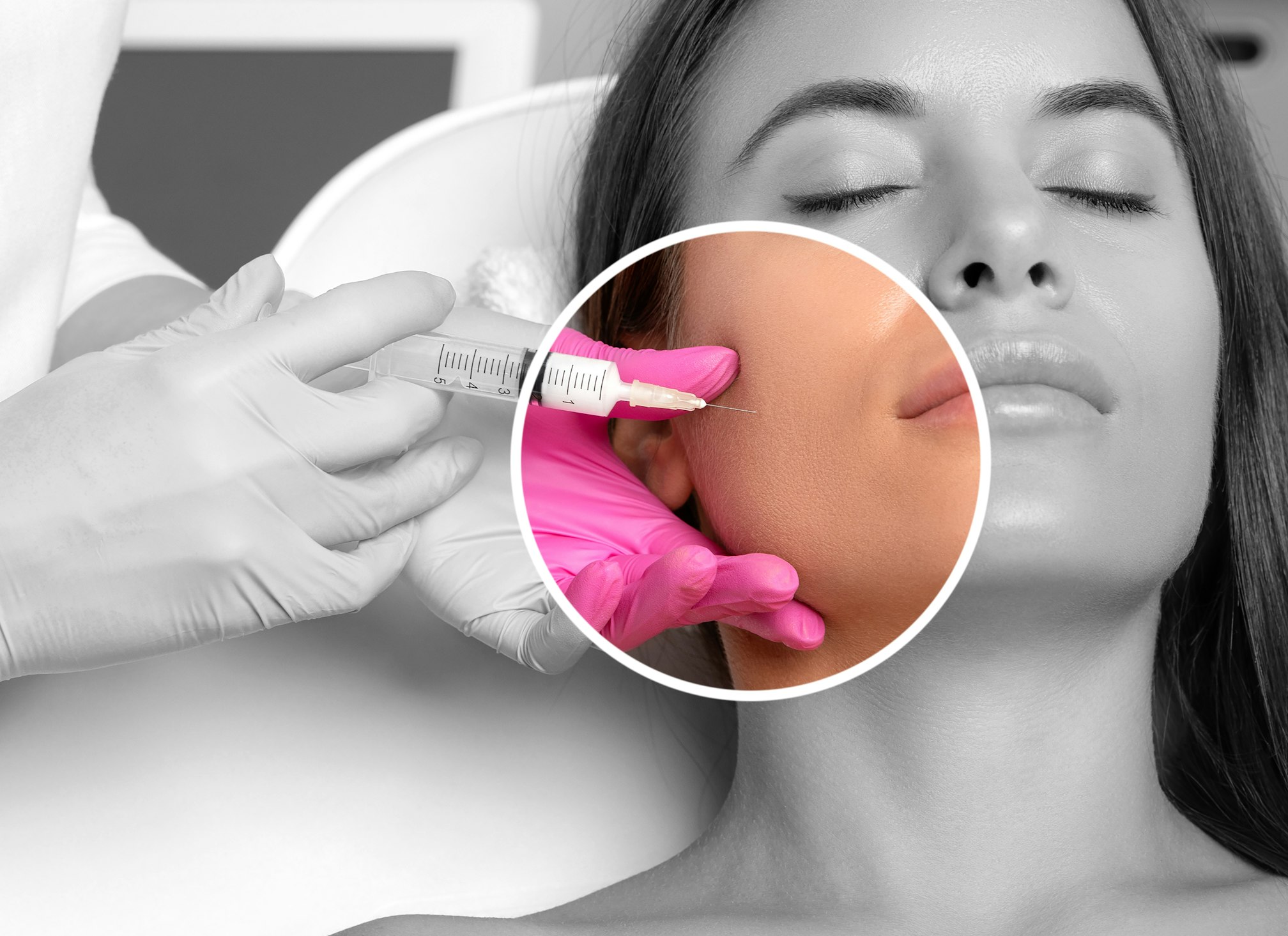 Cosmetologist makes lipolytic injections to burn fat on the chin, cheeks and neck of a woman against double chin. Female aesthetic cosmetology in a beauty salon.Cosmetology concept