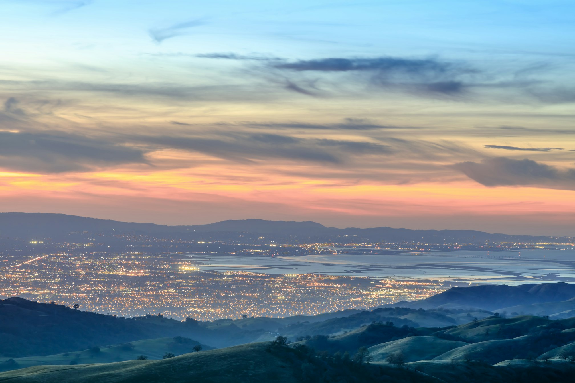 Silicon Valley Views from above. Santa Clara Valley at dusk as seen from Lick Observatory in Mount Hamilton east of San Jose