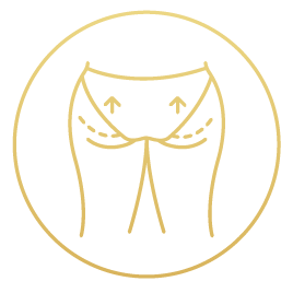 gold BBL icon - woman's buttocks with dotted lines and arrows pointing up
