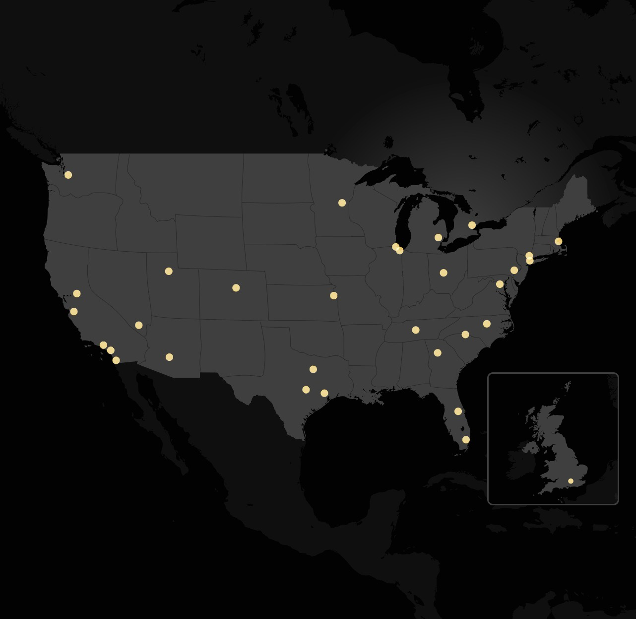 black and grey map of the United States, Canada, and the United Kingdom with gold dots on each of AirSculpt's office locations
