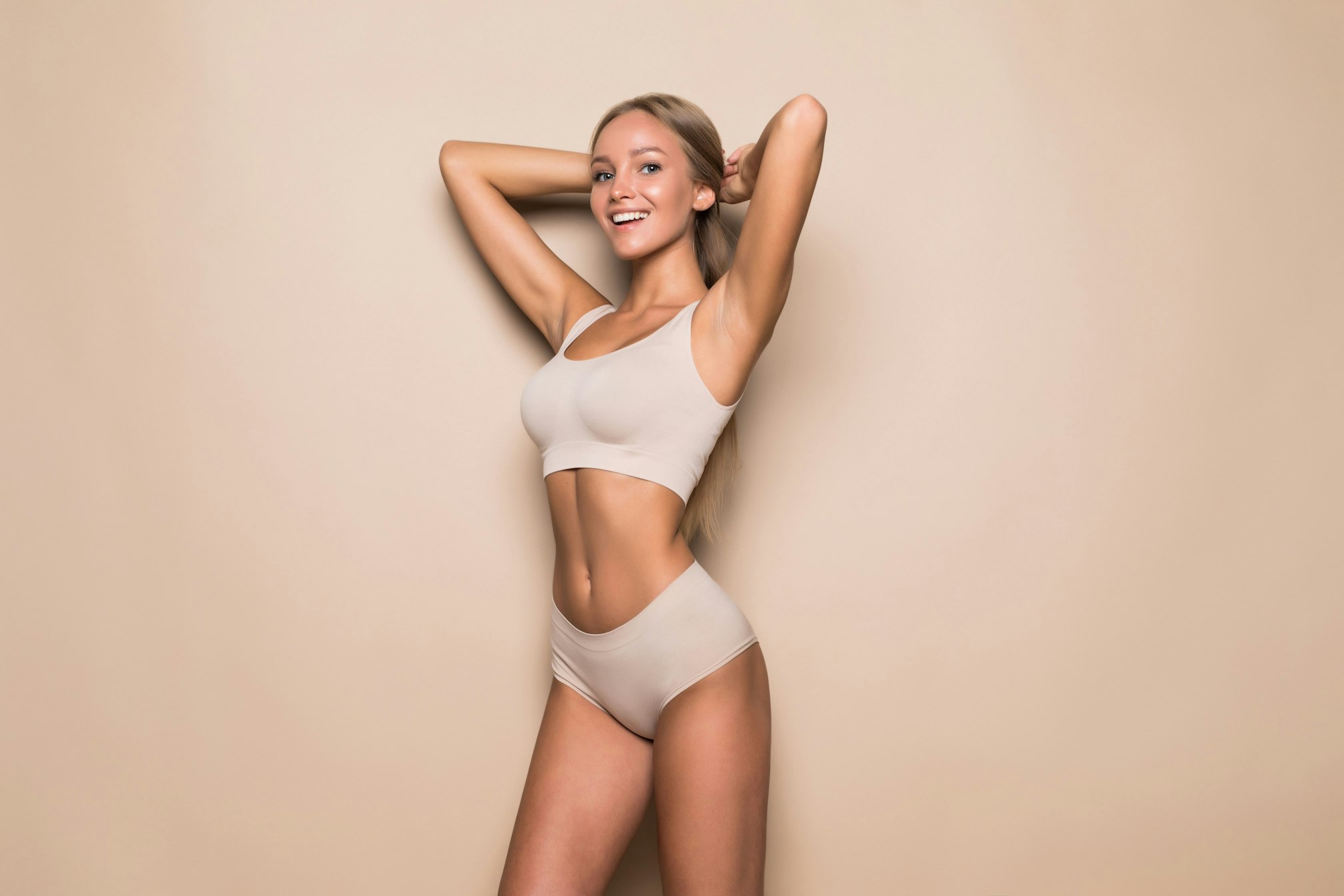 Toned woman smiling