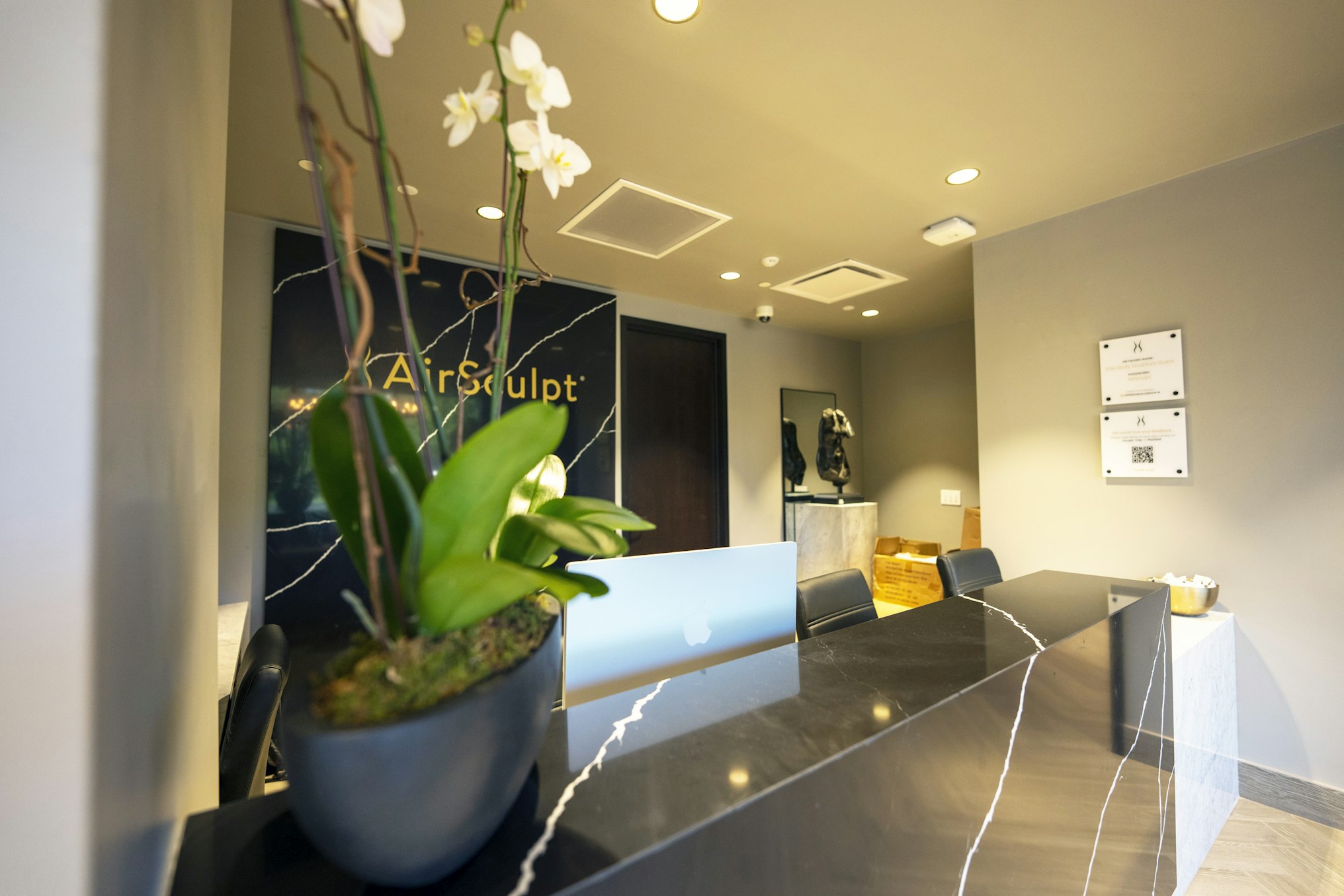 Front desk with orchid display and backdrop featuring AirSculpt logo in AirSculpt Body Contouring Philadelphia clinic lobby
