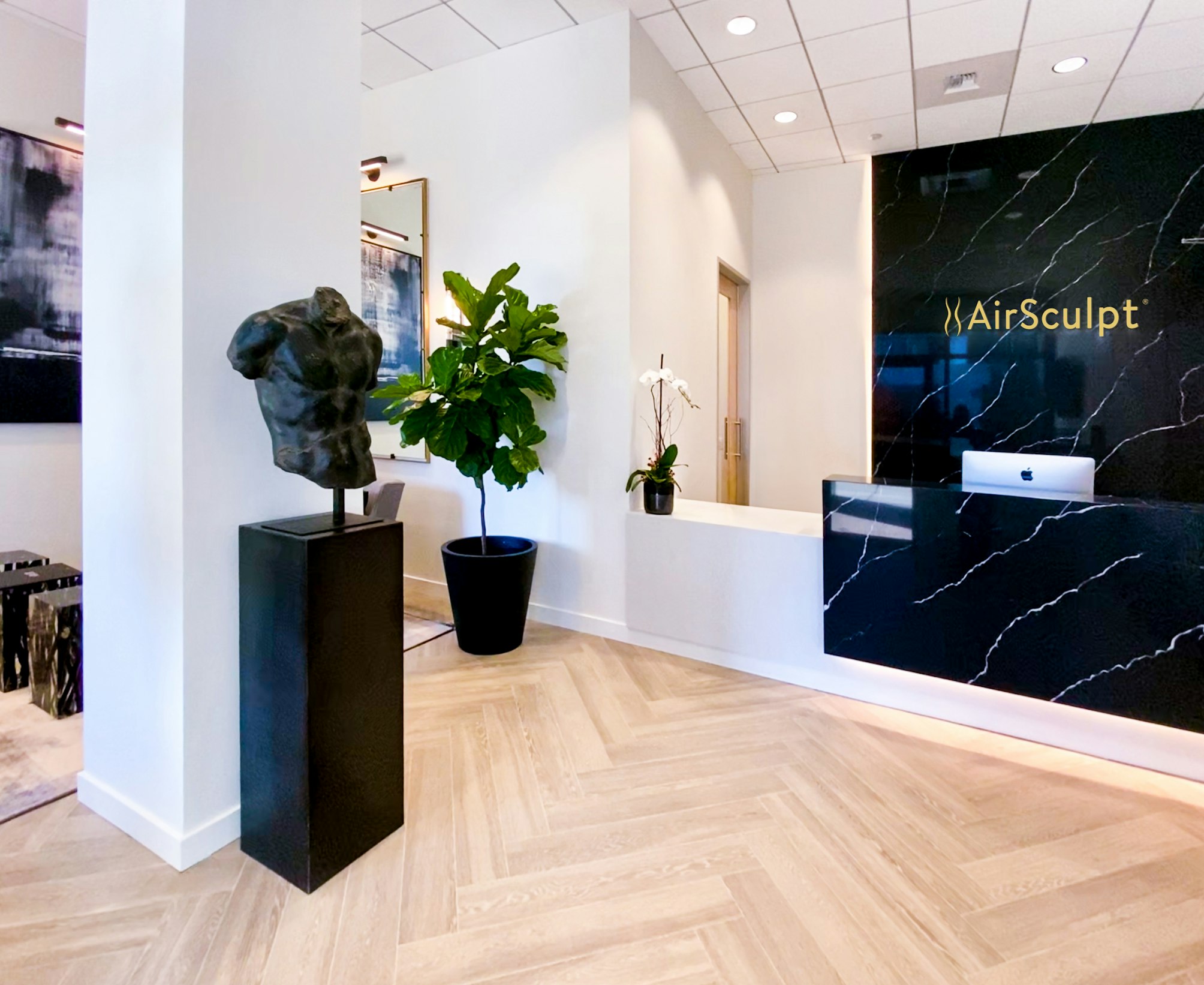 Front desk with black marble backdrop, sculpture bust, and potted plant in AirSculpt Body Contouring Seattle clinic lobby