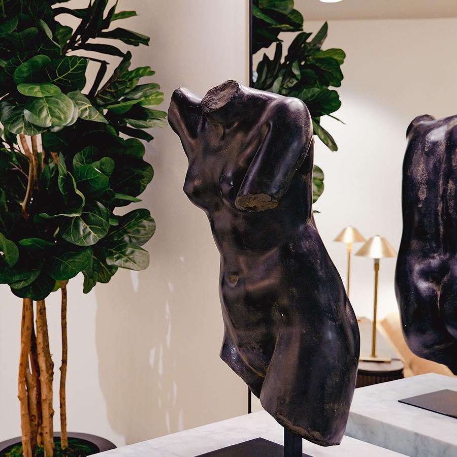 Decorative sculpture bust and potted plant in AirSculpt Body Body Contouring Clinic lobby