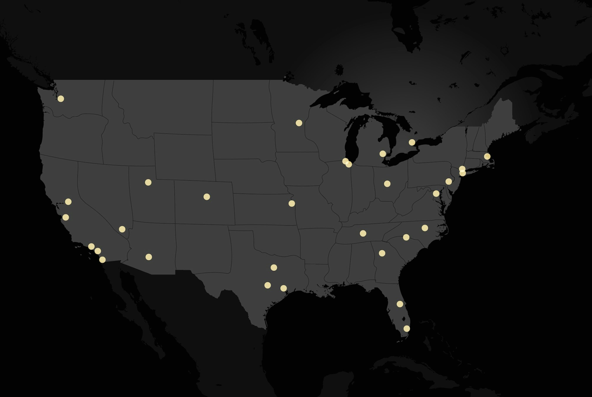 AirSculpt office locations – map of United States and Ontario with 31 golden dots on each city with an AirSculpt office