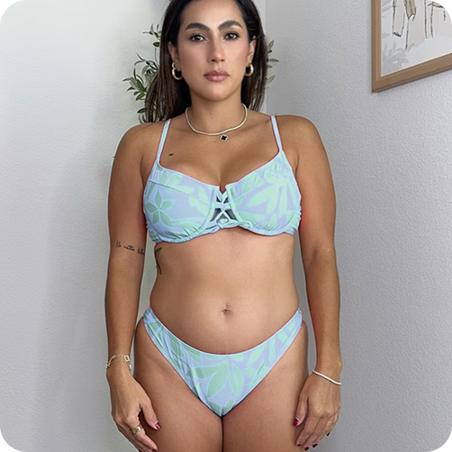 sad woman in blue bikini