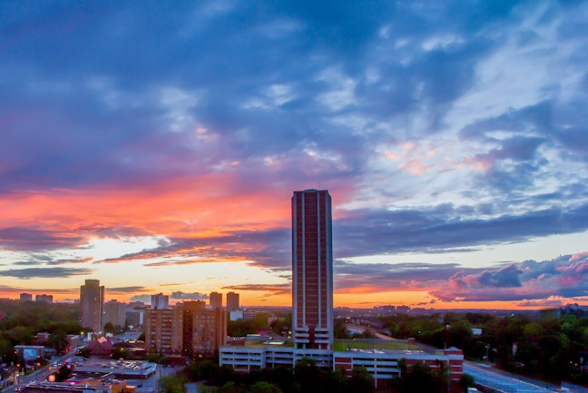 A skyline photo of The Humber in front of a sunset