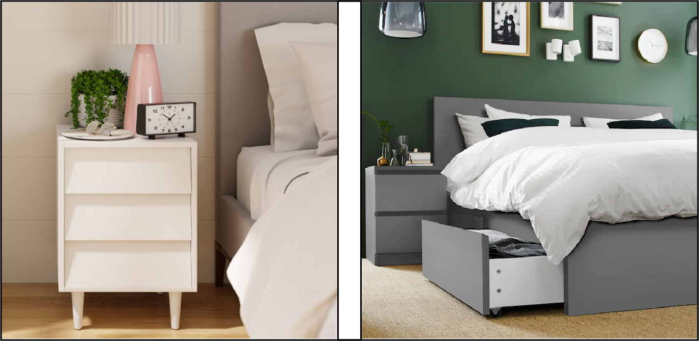 Bedroom side table and bed with drawers