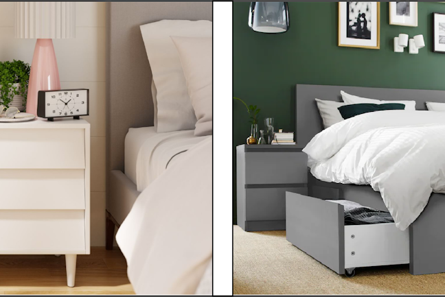 Bedroom side table and bed with drawers