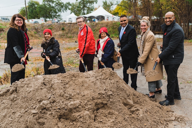 Options CEO Heather Tremain with partners from the city of Toronto and the province of Ontario holding shovels of dirt at the groundbreaking ceremony for The Humber.