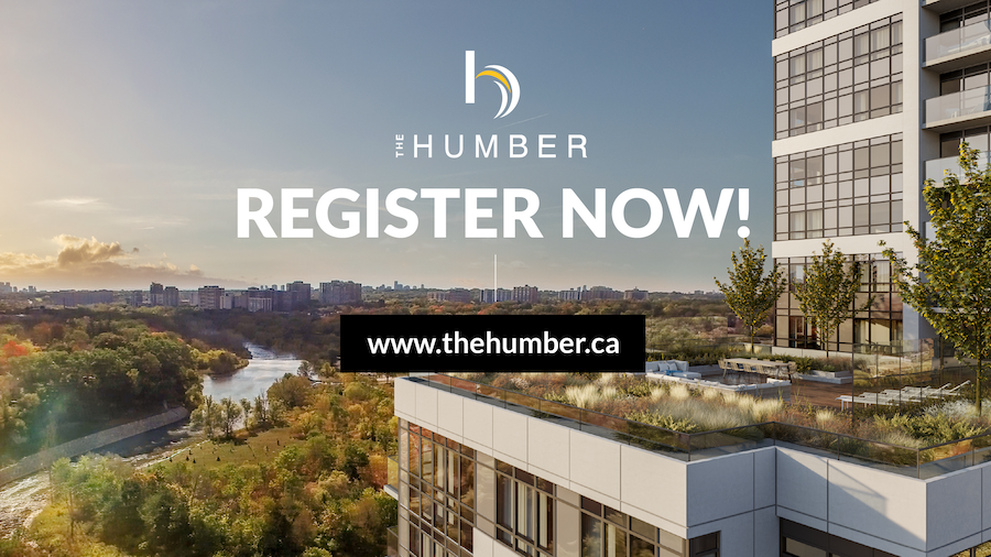 An rendering of The Humber condo with a message to register