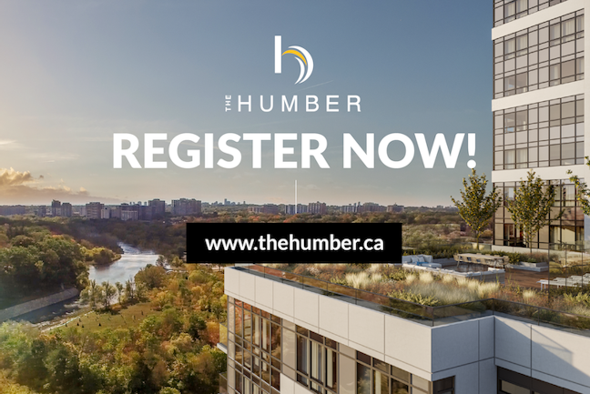 An rendering of The Humber condo with a message to register