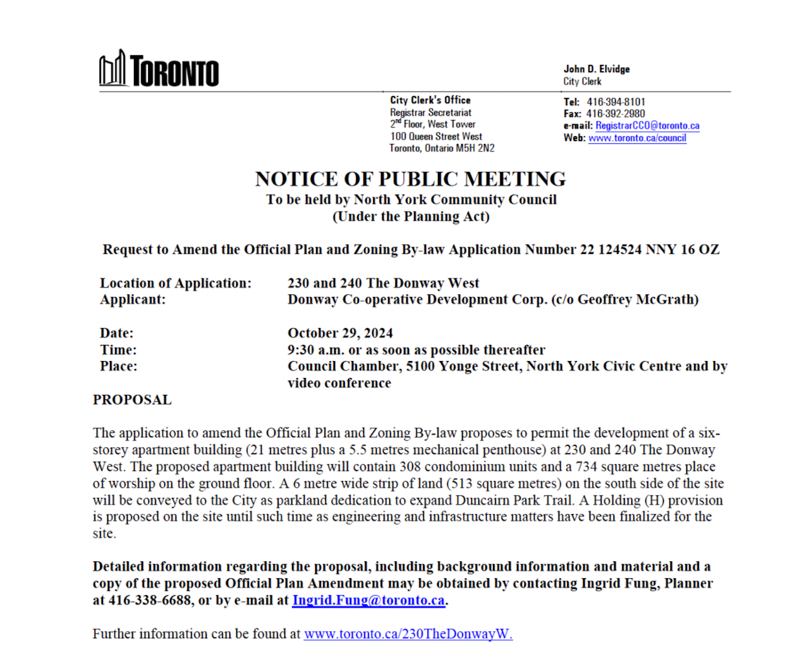 Notice of Public Meeting for 230 The Donway West