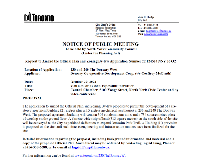 Notice of Public Meeting for 230 The Donway West